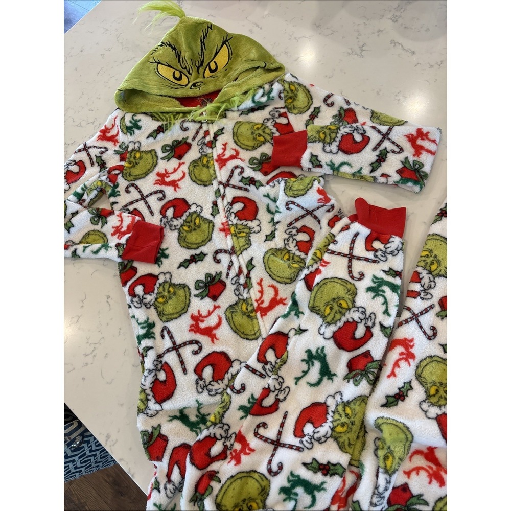 The Grinch Costume One Piece Suit Furry Hood Embroidered Face Adult SZ SM Zip Up